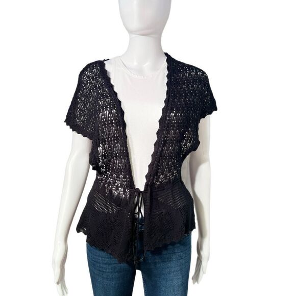 Crochet Knit Drop Waist Drawstring Cardigan - Picture 1 of 11